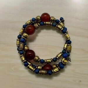 Cute Fashion Bracelet Wire Gold Tone Orange Blue Beaded Wrap Around‎